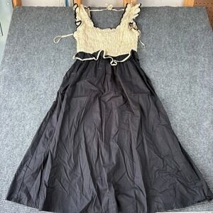 In The Beginning Smocked Bodice Maxi Dress Cream Black Ruffle Strap Large NWT